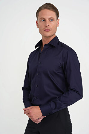 Slim Fit %100 Pamuk Non Iron Kumaş Klasik Lacivert Gömlek Gk 734