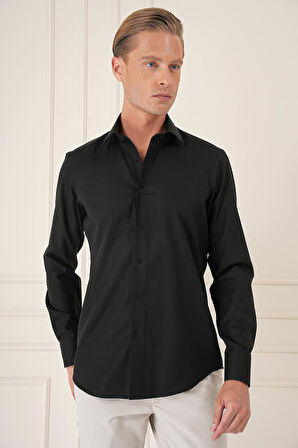 Gk 735 Slim Fit %100 Pamuk Non Iron Kumaş Klasik Siyah Gömlek 