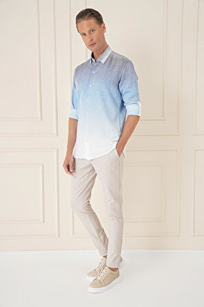 G 1575 Comfort Fit Apoletli Degrade Desen Esnek Pamuk Mavi Gömlek