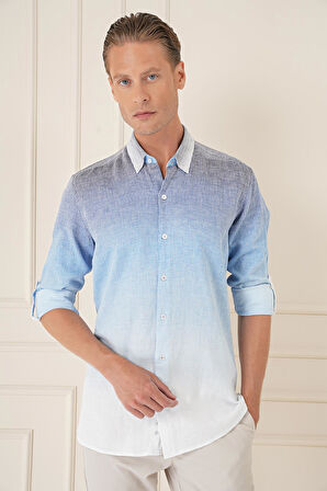 G 1575 Comfort Fit Apoletli Degrade Desen Esnek Pamuk Mavi Gömlek