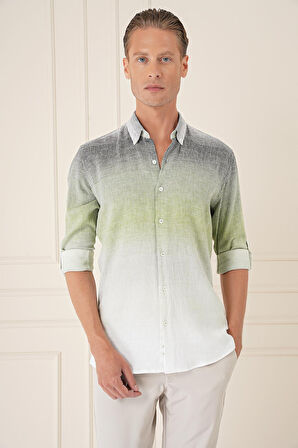 G 1575 Comfort Fit Apoletli Degrade Desen Esnek Pamuk Yeşil Gömlek