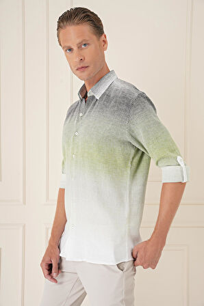 G 1575 Comfort Fit Apoletli Degrade Desen Esnek Pamuk Yeşil Gömlek