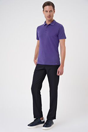 Ts 879 Slim Fit Düğmeli Polo Yaka Pamuklu Mor Tişört