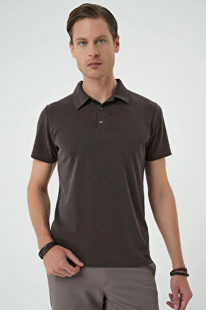 Ts 879 Slim Fit Düğmeli Polo Yaka Pamuklu Koyu Vizon Tişört