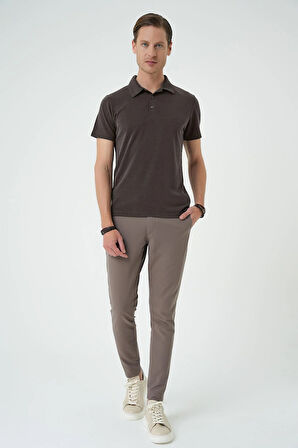Ts 879 Slim Fit Düğmeli Polo Yaka Pamuklu Koyu Vizon Tişört