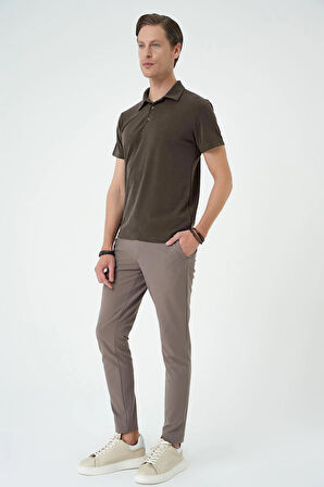 Ts 879 Slim Fit Düğmeli Polo Yaka Pamuklu Koyu Vizon Tişört