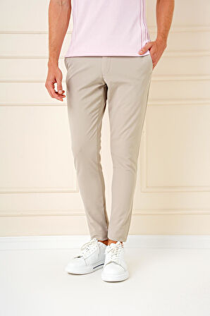 Slim Fit Yan Cepli Düz Esnek Casual Koyu Bej Pantolon P 1144