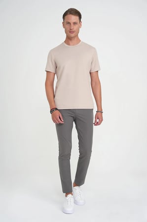 Ts 885 Comfort Fit Bisiklet Yaka Esnek Pamuk Casuel Bej Tişört
