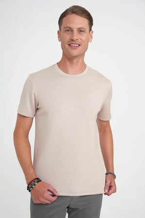 Ts 885 Comfort Fit Bisiklet Yaka Esnek Pamuk Casuel Bej Tişört