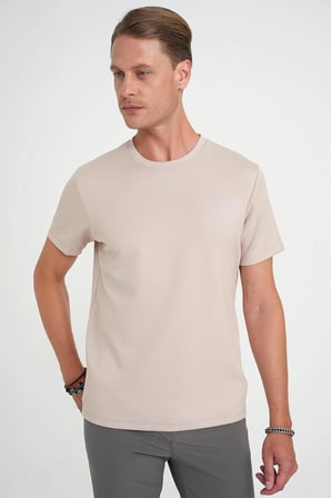 Ts 885 Comfort Fit Bisiklet Yaka Esnek Pamuk Casuel Bej Tişört