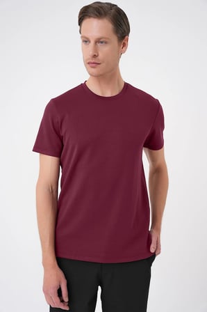 Ts 885 Comfort Fit Bisiklet Yaka Esnek Pamuk Casuel Bordo Tişört