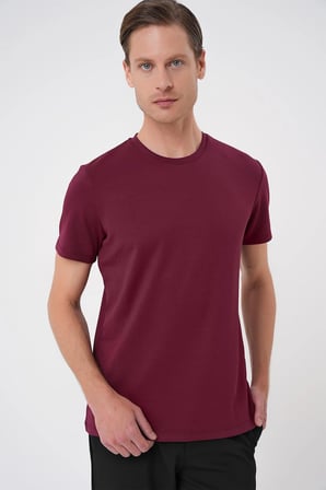 Ts 885 Comfort Fit Bisiklet Yaka Esnek Pamuk Casuel Bordo Tişört