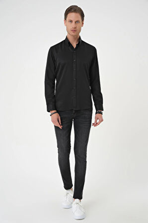 Gk 736 Slim Fit Düğmeli Yaka Pamuklu Klasik Siyah Gömlek