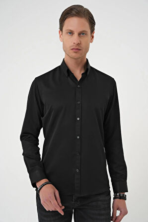 Gk 736 Slim Fit Düğmeli Yaka Pamuklu Klasik Siyah Gömlek