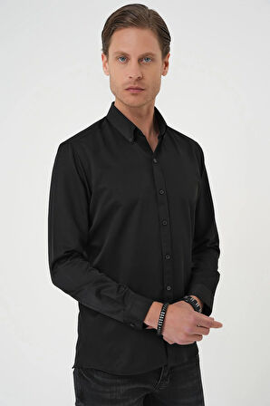 Gk 736 Slim Fit Düğmeli Yaka Pamuklu Klasik Siyah Gömlek