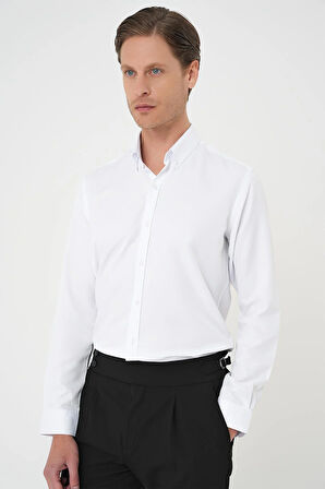 Gk 736 Slim Fit Düğmeli Yaka Pamuklu Klasik Beyaz Gömlek