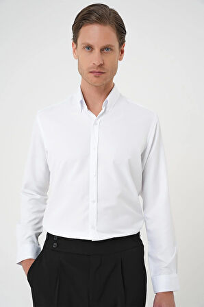 Gk 736 Slim Fit Düğmeli Yaka Pamuklu Klasik Beyaz Gömlek