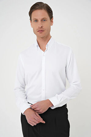 Gk 736 Slim Fit Düğmeli Yaka Pamuklu Klasik Beyaz Gömlek