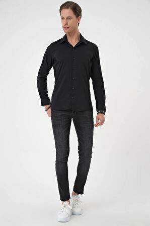 Gk 737 Slim Fit Erkek Yaka Esnek Pamuk Klasik Beyaz Siyah Gömlek