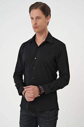 Gk 737 Slim Fit Erkek Yaka Esnek Pamuk Klasik Beyaz Siyah Gömlek