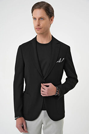 C 679 Comfort Fit Torba Cep Gofre Kumaş Casuel Siyah Ceket 