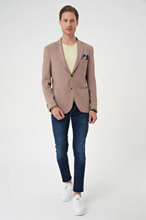 C 679 Comfort Fit Torba Cep Gofre Kumaş Casuel Bej Ceket 