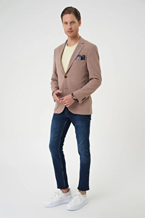 C 679 Comfort Fit Torba Cep Gofre Kumaş Casuel Bej Ceket 