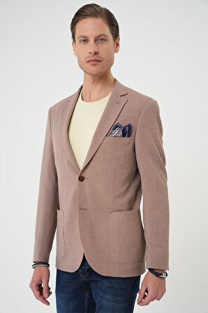 C 679 Comfort Fit Torba Cep Gofre Kumaş Casuel Bej Ceket 