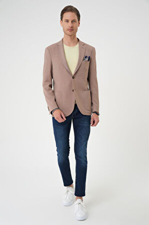 C 679 Comfort Fit Torba Cep Gofre Kumaş Casuel Bej Ceket 