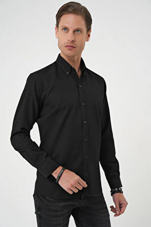 Gk 739 Slim Fit Dokulu Düğmeli Yaka Pamuklu Klasik Siyah Gömlek