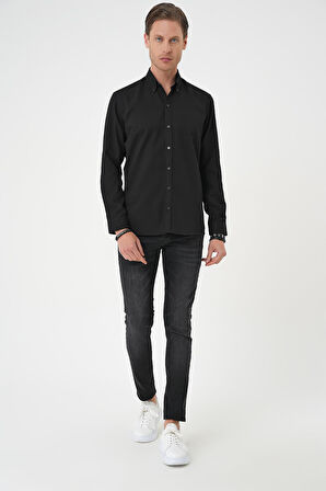 Gk 739 Slim Fit Dokulu Düğmeli Yaka Pamuklu Klasik Siyah Gömlek