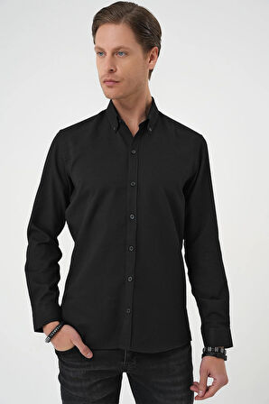 Gk 739 Slim Fit Dokulu Düğmeli Yaka Pamuklu Klasik Siyah Gömlek