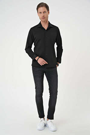 Gk 740 Slim Fit Dokulu Erkek Yaka Pamuklu Klasik Siyah Gömlek