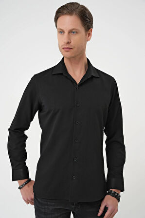 Gk 740 Slim Fit Dokulu Erkek Yaka Pamuklu Klasik Siyah Gömlek