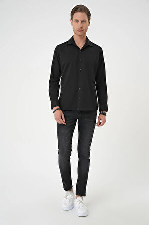 Gk 740 Slim Fit Dokulu Erkek Yaka Pamuklu Klasik Siyah Gömlek
