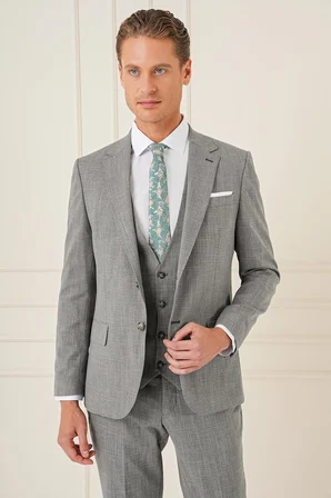 Slim Fit Çift Yırtmaç Kırçıllı Dokuma Haki Yelekli Takım Elbise TK 902