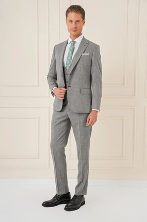 Slim Fit Çift Yırtmaç Kırçıllı Dokuma Haki Yelekli Takım Elbise TK 902