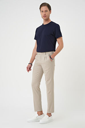 P 1158 Comfort Fit Çift Pileli Dokulu Esnek Pamuk Bej Pantolon