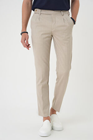P 1158 Comfort Fit Çift Pileli Dokulu Esnek Pamuk Bej Pantolon