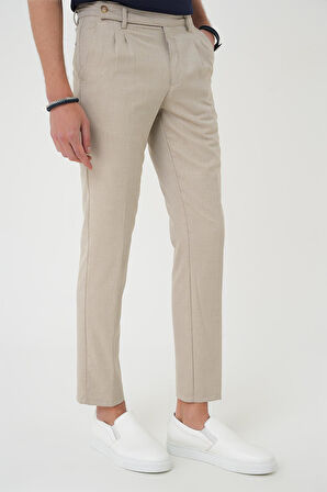 P 1158 Comfort Fit Çift Pileli Dokulu Esnek Pamuk Bej Pantolon