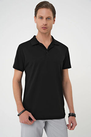 Ts 886 Comfort Fit Polo Yaka Esnek Pamuk Casuel Siyah Tişört