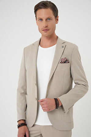 C 676 Comfort Fit Torba Cep Dokulu Esnek Pamuk Casuel Bej Ceket