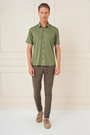 G 1573 Comfort Fit Spor Yaka Kısa Kol Esnek Pamuk Haki Gömlek