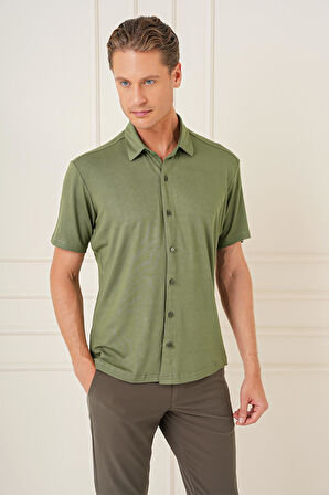 G 1573 Comfort Fit Spor Yaka Kısa Kol Esnek Pamuk Haki Gömlek