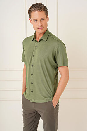 G 1573 Comfort Fit Spor Yaka Kısa Kol Esnek Pamuk Haki Gömlek