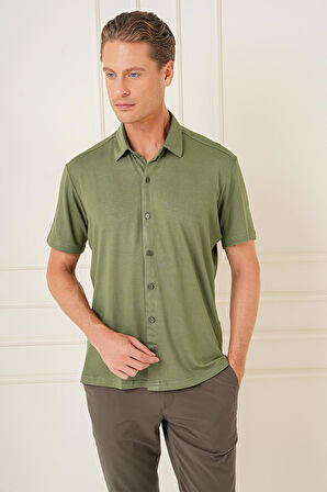 G 1573 Comfort Fit Spor Yaka Kısa Kol Esnek Pamuk Haki Gömlek