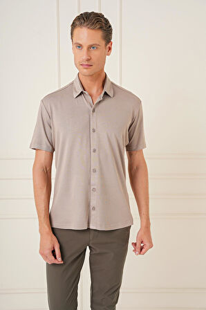 G 1573 Comfort Fit Spor Yaka Kısa Kol Esnek Pamuk Vizon Gömlek