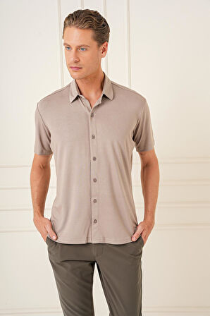 G 1573 Comfort Fit Spor Yaka Kısa Kol Esnek Pamuk Vizon Gömlek