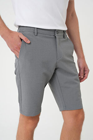 Bermuda 034 Slim Fit Beli Lastikli Gofre Pamuklu Casuel Gri Şort