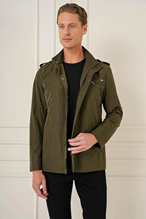 Hakim Yaka Düğme ve Fermuarlı Yan Cepli Mevsimlik Haki Mont Ka 077